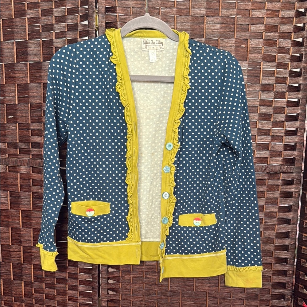 Girls 14 Matilda Jane Goid Hart Polka Dot cardigan Blue lime green Accents EUC